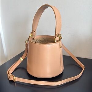 Tan Bucket Bag with Top Handle and Crossbody Strap